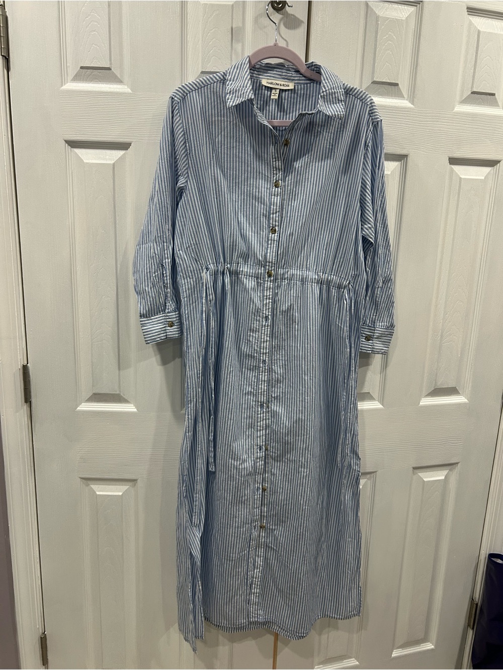Harlow & Rose cotton Light Blue Striped Maxi Shirt Dress with Waist Tie